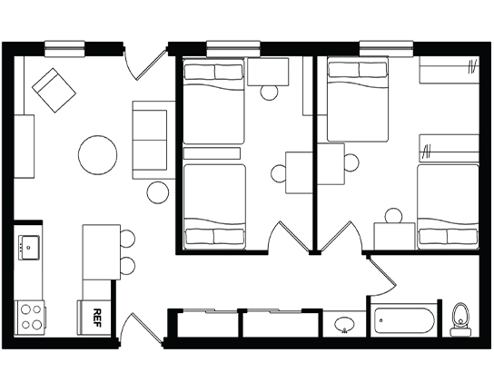 Alexander Court 2x1 Double Occupancy – Modified  floor plan