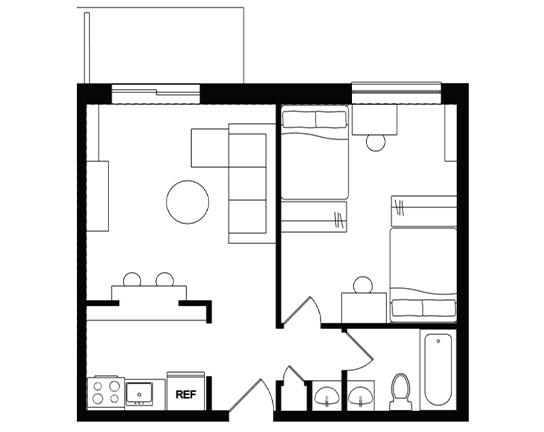 Cedarbrook 1x1 Double occupancy - Balcony floor plan