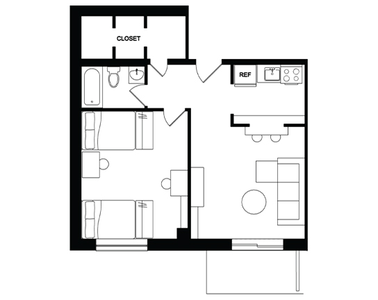 Cedarbrook 1x1 Double occupancy – Large Closet and Balcony floor plan
