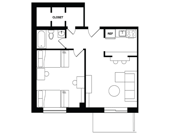 Cedarbrook 1x1 1x1 D - Walk-In Closet Balcony floor plan