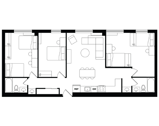 Garner Court 3x2 Single/Double Occupancy - Standard floor plan