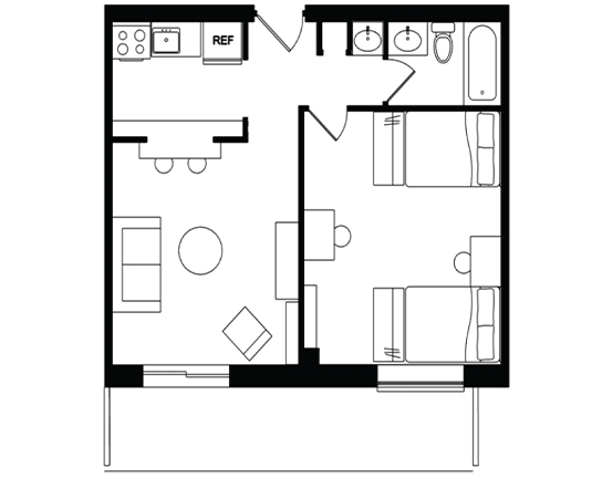 Beaver Hill 1x1 Double Occupancy – Balcony floor plan