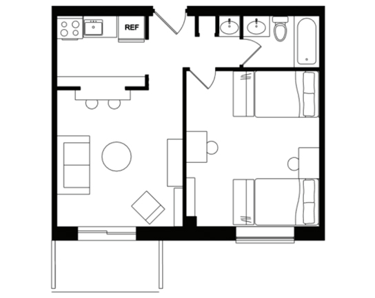 Beaver Hill 1x1 1x1 A - Balcony floor plan